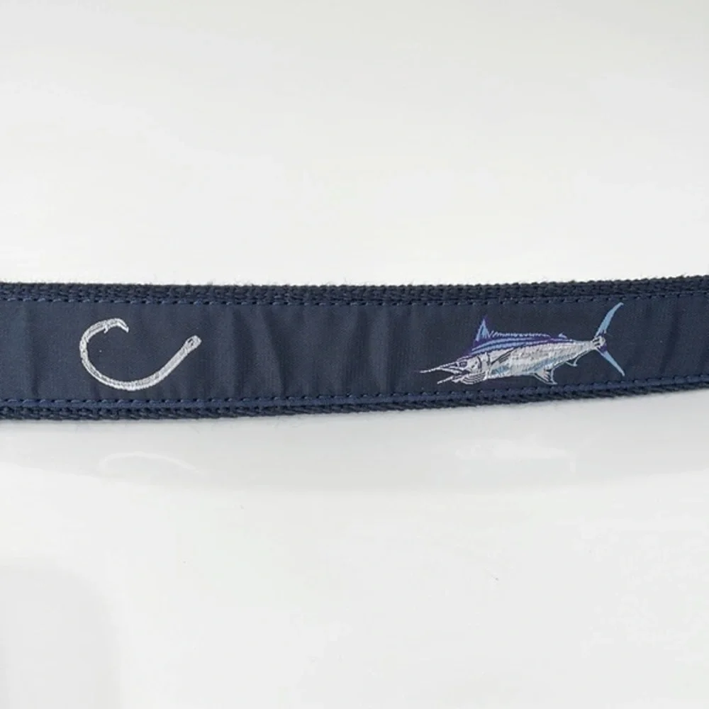 Leather Man Ltd. Fish and Hook navy blue ribbon & leather‎ belt. Brass buckle.